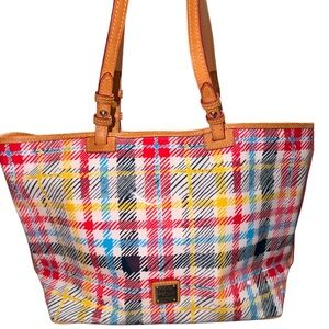 Dooney & Bourke Multicolor Plaid Tote with Tan Straps patent leather like new